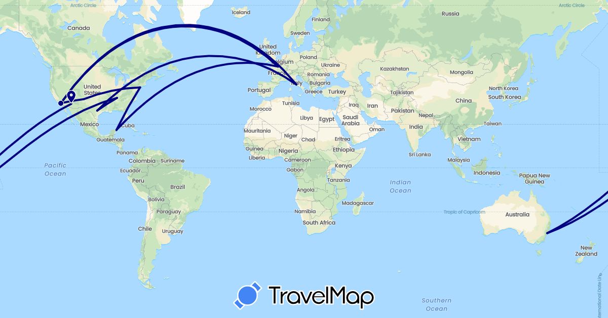 TravelMap itinerary: driving in Australia, France, Italy, Mexico, United States (Europe, North America, Oceania)